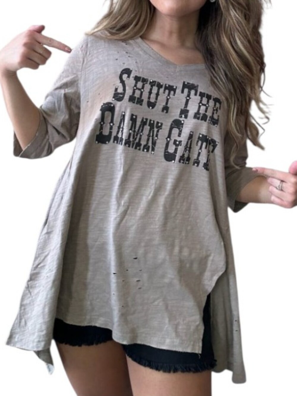 Shut The Damn Gate A Rare Bird Tattered Bling Swing Top Cowgirl Ranch